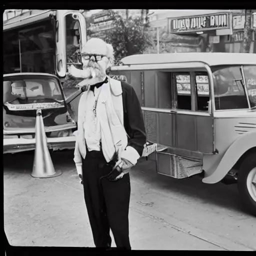 Image similar to hugh hopper with a handlebar moustache holding a great big orange and a diet pepsi sitting on a street corner