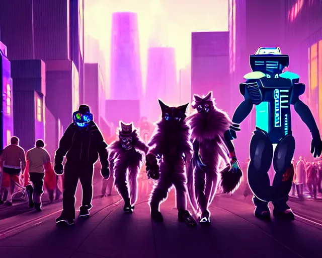 Image similar to high - resolution photograph from a cyberpunk era furry fandom convention ( midwest furfest 2 0 4 7 ), taking place after the genetic revolution and quantum singularity. photorealistic.