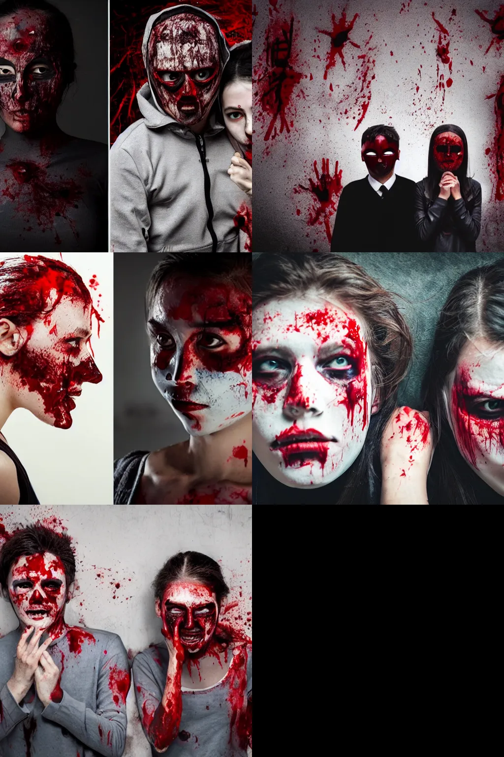 Prompt: a male and female wearing mask, covered in blood, using school uniform, dead bodies, crying, darkness, apocalypse