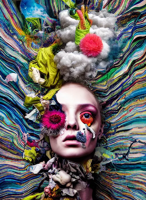 Prompt: the attitude that nature is chaotic and that the artist puts order into it is a very absurd point of view, i think. all that we can hope for is to put some order into ourselves. nonfigurative, flowing fabric, super fine detail, surreal object photography, haute couture, lowbrow pop surrealism, street art, alchemy, neo expressionism