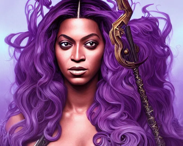 Image similar to a mind - blowing portrait of beyonce as a wizard, purple hair, bat familiar, deep focus, d & d, fantasy, intricate, elegant, highly detailed, digital painting, artstation, concept art, matte, sharp, illustration, hearthstone, art by artgerm and greg rutkowski and alphonse mucha