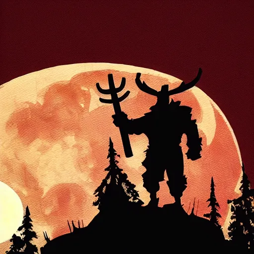 Prompt: a lumberjack in the style of Hellboy at night against the moon