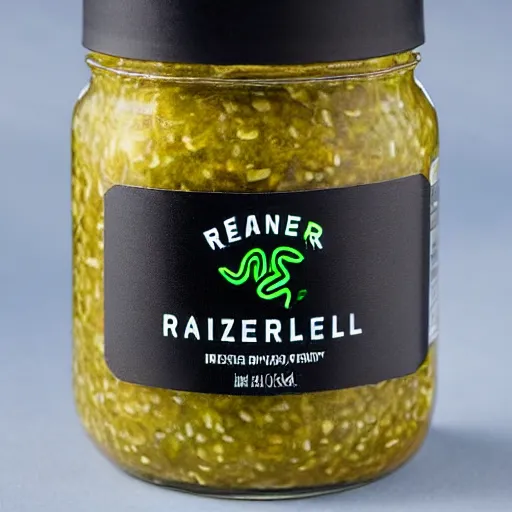 Prompt: a jar of Razer brand pickle relish, high resolution product photo