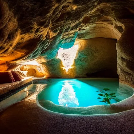 Image similar to cozy bathhouse hidden in a cave, candlelight, low ceiling, towels, cushions, natural light, lush plants and flowers, elegant, intricate, fantasy, atmospheric lighting,