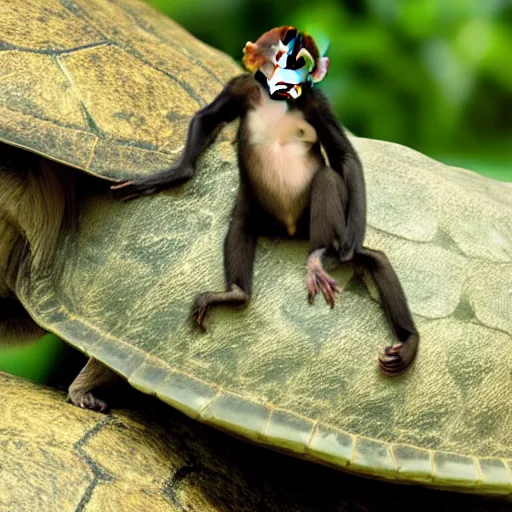 Image similar to a monkey riding on the back of a turtle