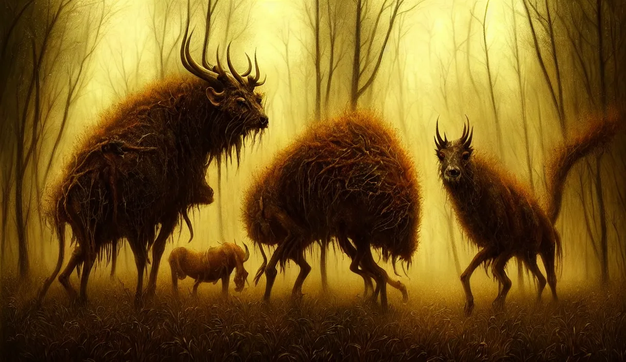 Prompt: epic professional digital art of hungry eyes, ambient golden light, painted, mysterious, cinematic prairie terrifying animals scene, eerie, mythic, detailed, intricate, grand, leesha hannigan, wayne haag, reyna rochin, ignacio fernandez rios, mark ryden, van herpen, artstation, cgsociety, epic, stunning, gorgeous, wow wow detail