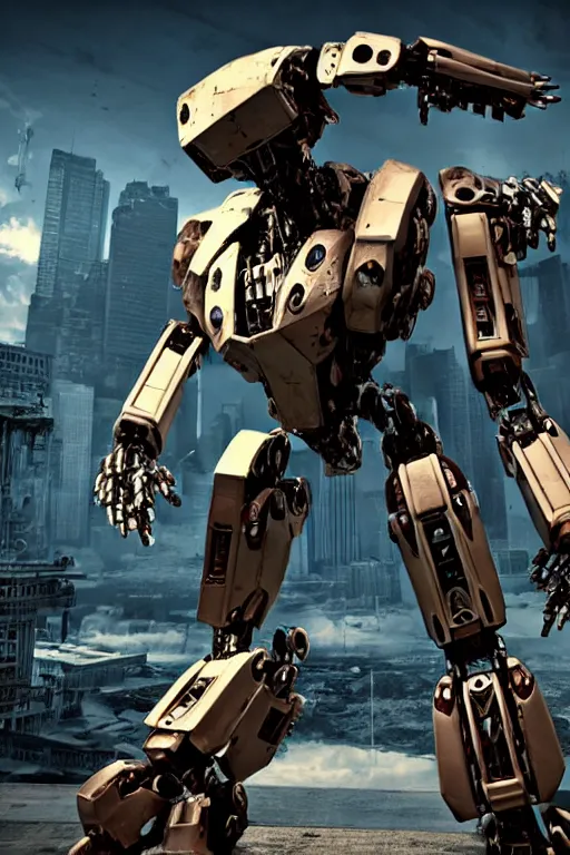 Image similar to a furture ai boxing humanoid mecha in ruin city, victory, punk style, by war robots, real steel ( 2 0 1 1 ), westworld and eve venture and pacific rim and machine warrior 5, cryengine, frostbite 3 engine, camouflage scheme, sharp focus, 8 k realistic, high definition, insanely detailed, sunny, ray tracing, realistic shaded,