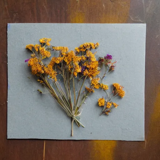 Image similar to aesthetic layout of small dried flowers in the open envelope, vintage, tender, mild colours, oil on canvas