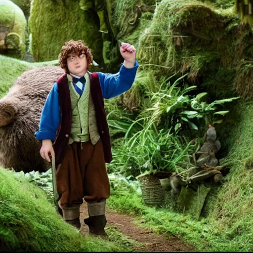 Image similar to a british lad as Bartook a teen hobbit with short curly dark brown hair wearing a blue vest with a white sash standing next to a giant rabbit, high resolution film still, movie by Peter Jackson