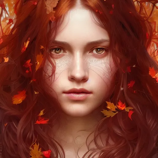 Prompt: girl with super long hair, hair becoming autumn red leaves, intricate, highly detailed face!!, digital painting, artstation, concept art, smooth, sharp focus, illustration, unreal engine 5, 8 k, art by artgerm and greg rutkowski and alphonse mucha