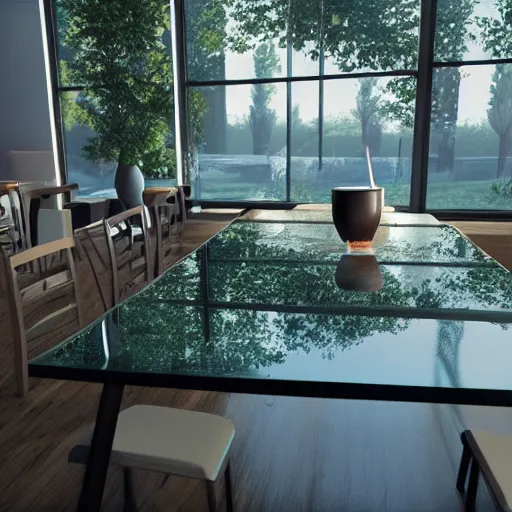 Prompt: A 50 percent full glass of water on a table, 4k, unreal engine