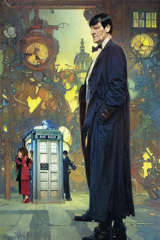 Image similar to The Second Doctor standing next to the TARDIS, portrait by Stanley Artgerm Lau, greg rutkowski, thomas kindkade, alphonse mucha, loish, norman Rockwell