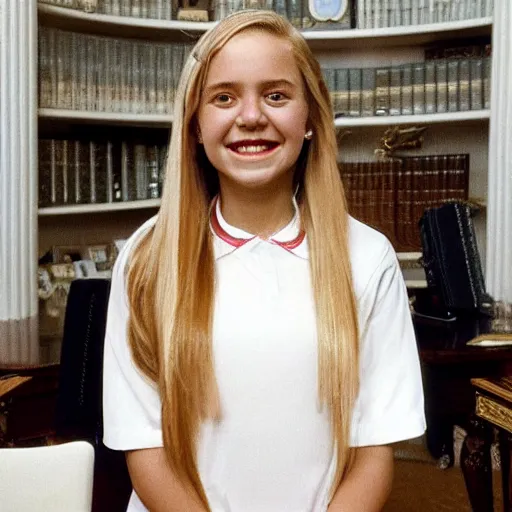 Prompt: A teenage girl cheerleader, long blond hair, standing in the Oval Office, grinning, as president of the united states, colour photo, 2022, official colour photo portrait