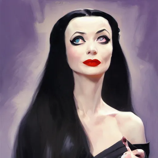 Image similar to greg manchess portrait painting of morticia from addams family as overwatch character, medium shot, asymmetrical, profile picture, organic painting, sunny day, matte painting, bold shapes, hard edges, street art, trending on artstation, by huang guangjian and gil elvgren and greg rutkowski