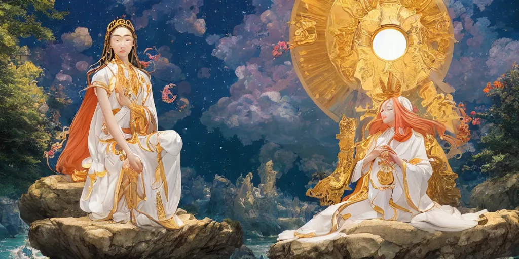 Image similar to breathtaking detailed concept art painting of the goddess of the universe, orthodox saint, sitting on a rock, sun in left loon on right golden details, by Hsiao-Ron Cheng, James jean, Miho Hirano, Hayao Miyazaki, extremely moody lighting, 8K