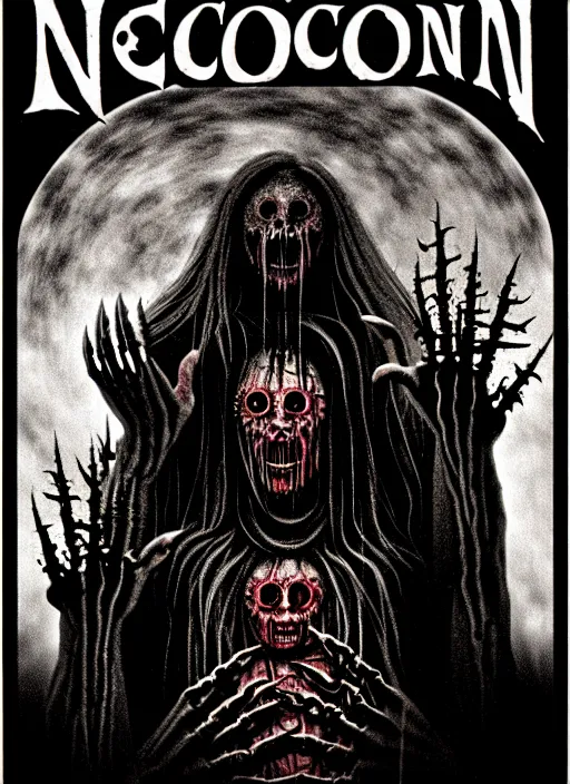Prompt: Cover of Necronomicon, a still from a horror movie by Clive Barker, designed by Ansel Adams