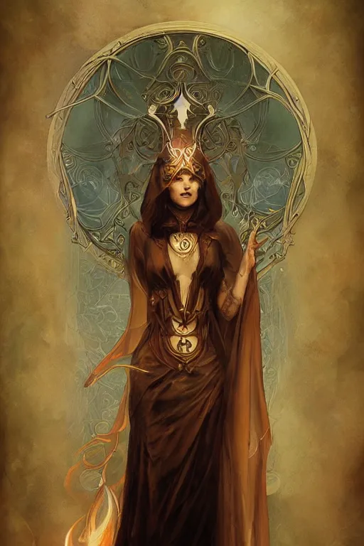 Image similar to tarot card, high priestess, Art nouveau, by bastien deharme, trending on artstation, Brom