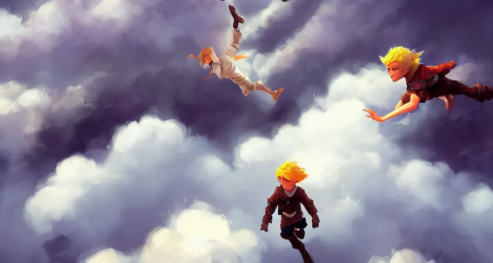 Prompt: a young blonde boy fantasy thief flying through the clouds, andreas rocha style