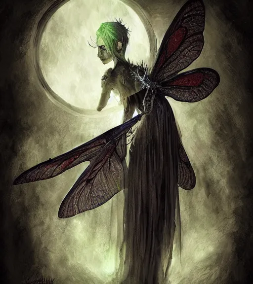 Image similar to gothic fairy with dragonfly wings, digital painting, liminal eerie midnight backlit, a picture taken by Michael Komarck