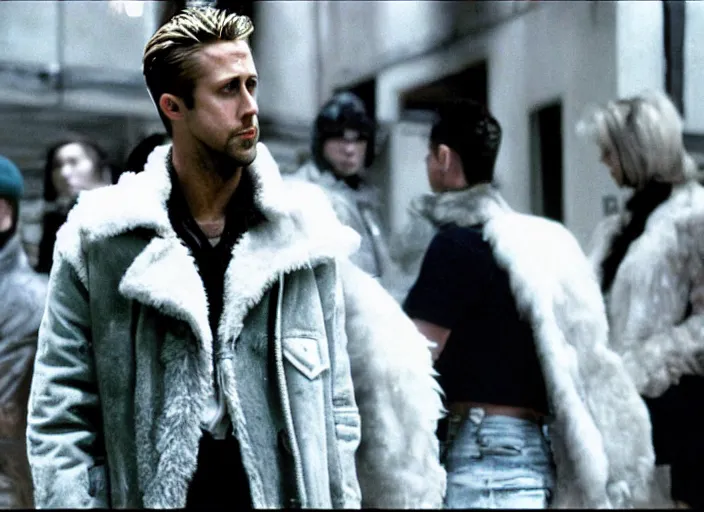 Image similar to film still of Ryan Gosling as Jack wearing feather jacket in Fight Club 1999