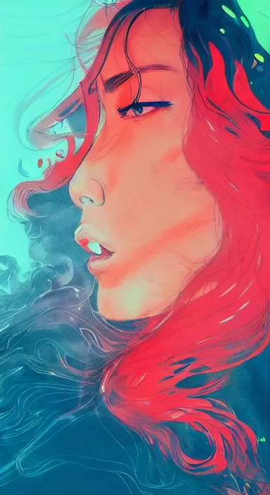 Prompt: candid portrait of a very very beautiful young filipino woman with narrow face and flowing long hair, surrounded by dramatic swirling thick dreamy smoke, face partially obscured, dark background, by conrad roset, abstract, thought provoking, dramatic lighting, trending on artstation