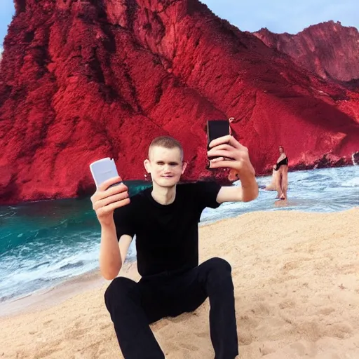 Image similar to vitalik buterin on a red beach taking a selfie