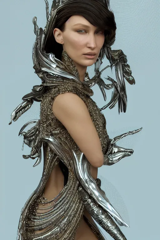 Image similar to a highly detailed 3 d portrait of a beautiful alien goddess bella hadid in iris van herpen dress schiaparelli in diamonds in style of alphonse mucha trending on artstation made in unreal engine 4