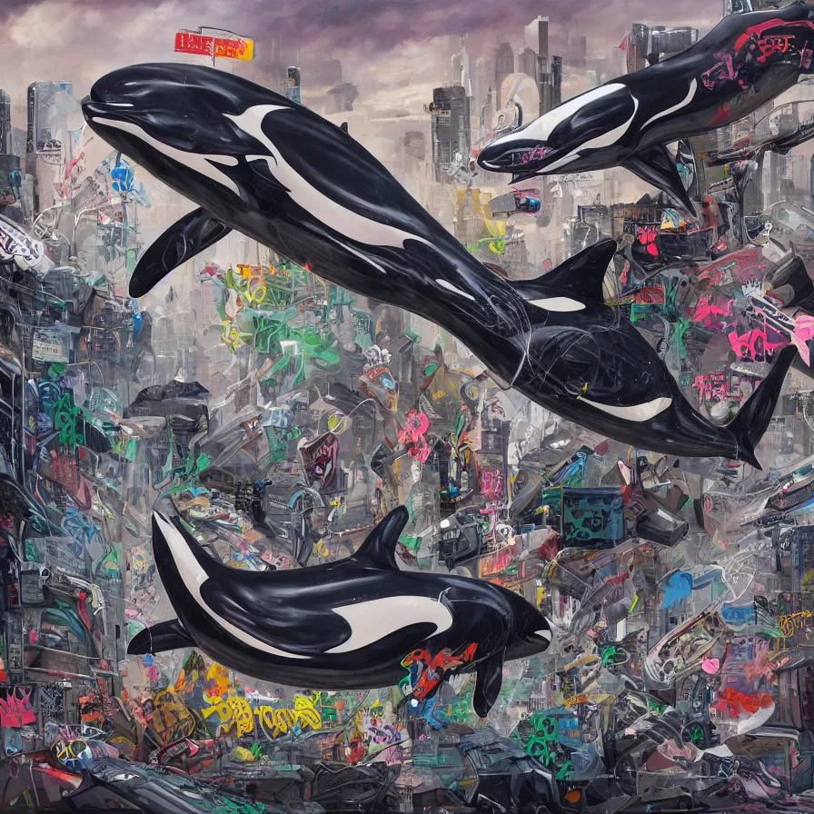 Image similar to an anatomical oil painting of an Orca covered in graffiti, flying through a cyberpunk city from a medical journal by Nychos and Ross Tran, highly detailed, high detail, 8k,