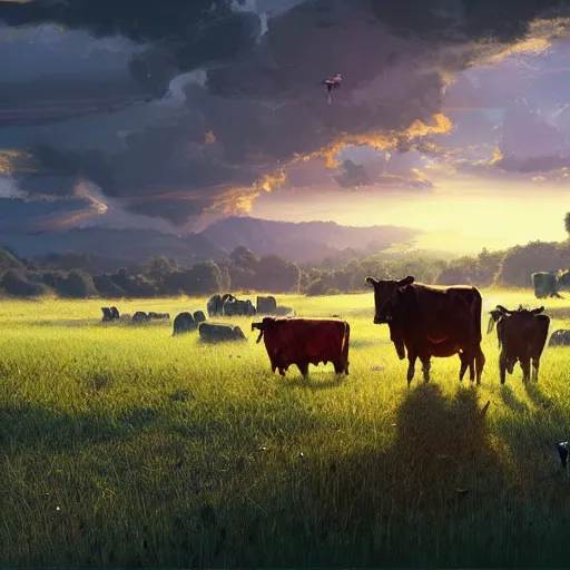 Image similar to herd of cows in a field, ultrafine highly detailed hyper colorful illustration, sharp focus, rozalski, craig mullins, federico pelat, unreal engine highly rendered, global illumination, radiant light, intricate and detailed environment