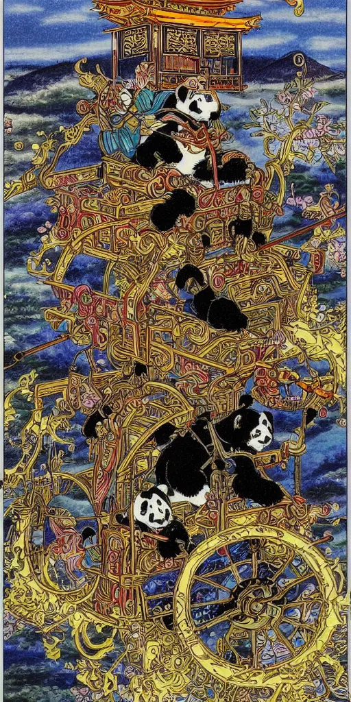 Image similar to a chariot drawn by pandas in japan, 1990s anime, full color, tarot card the chariot, highly detailed, intricate design,