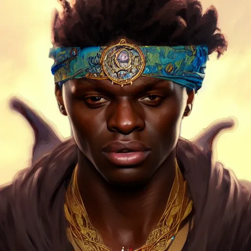 Image similar to KSI wearing a bandana, closeup, D&D style, fantasy, intricate, elegant, highly detailed, digital painting, artstation, concept art, matte, sharp focus, illustration, art by Artgerm and Greg Rutkowski and Alphonse Mucha