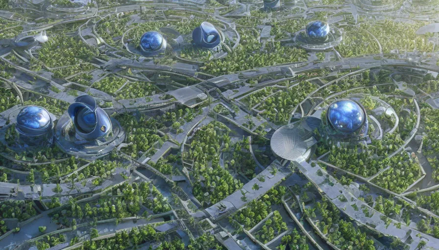 Prompt: futuristic ecological city with huge roundabouts, trees, crowded city, highways, hyperdetailed, artstation, cgsociety, 8 k