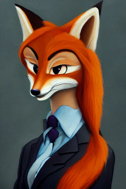 Image similar to oil painting of anthromorphic female fox, in style of zootopia, female fursona, furry, furaffinity, 4 k, deviantart, furry art, fursona art, wearing black business suit, business suit, fox fursona, female, smug expression,