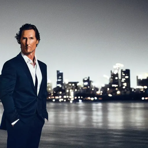 Image similar to a still of matthew mcconaughey . Shallow depth of field. City at night in background, lights, colors ,studio lighting, mood, 4K. Profession photography