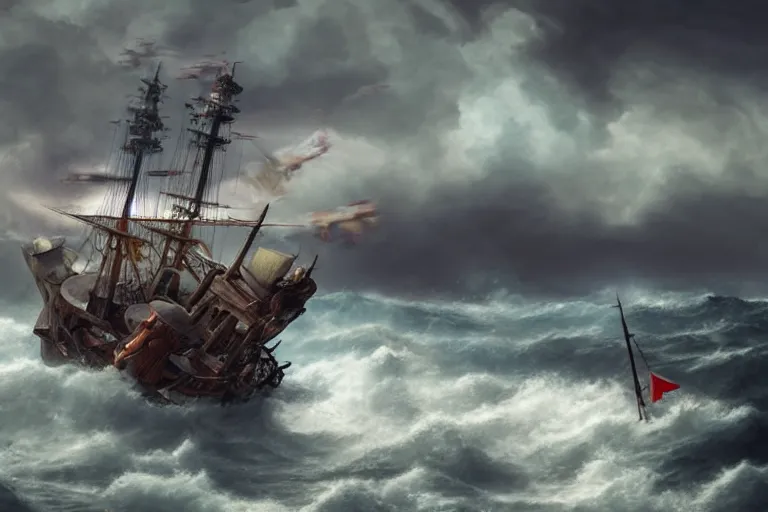 Image similar to epic pirate ship cannon battle in a storm, in the style of vernon grant and chris van allsburg, raging stormy sea, trending on artstation, bright tilt - shift camcorder effect, photoshop, retrowave, hyperrealism, octane, sharp focus, masterpiece