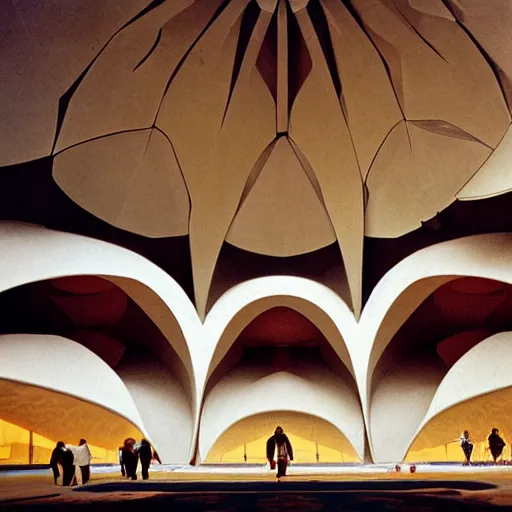 Image similar to interior of a futuristic lotus temple with gold, red and white marble panels, in the desert, by buckminster fuller and syd mead, intricate contemporary architecture, photo journalism, photography, cinematic, national geographic photoshoot