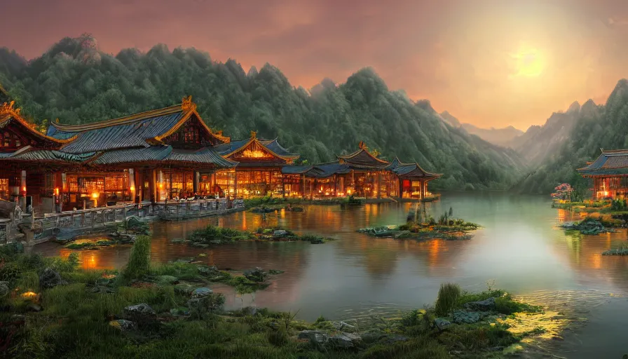 Image similar to chinese village built around a lake with forest at the foot of green gigntic mountains at sunset, fireplace, hyperdetailed, artstation, cgsociety, 8 k