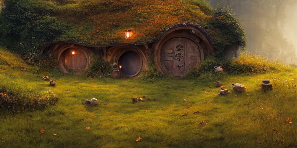 Prompt: a hobbit house in a grass field hill, greg rutkowski, zabrocki, moebius, karlkka, jayison devadas, highly detailed, photorealism, autumn sunlights, smoky atmosphere, ( ray of sunlight ), 8 k, ultra wide angle, zenith view, pincushion lens effect