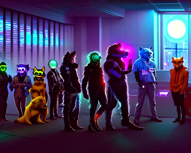 Image similar to high - resolution photograph from a cyberpunk era furry fandom convention ( midwest furfest 2 0 4 7 ), taking place after the genetic revolution and quantum singularity. photorealistic.