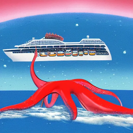 Image similar to A giant squid destroying a cruise ship in the middle of the ocean, digital art