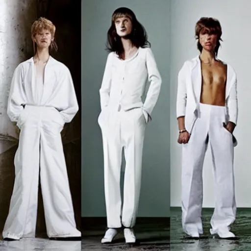 Prompt: kitsch fashion, androgynous people in white clothes, new age, vogue