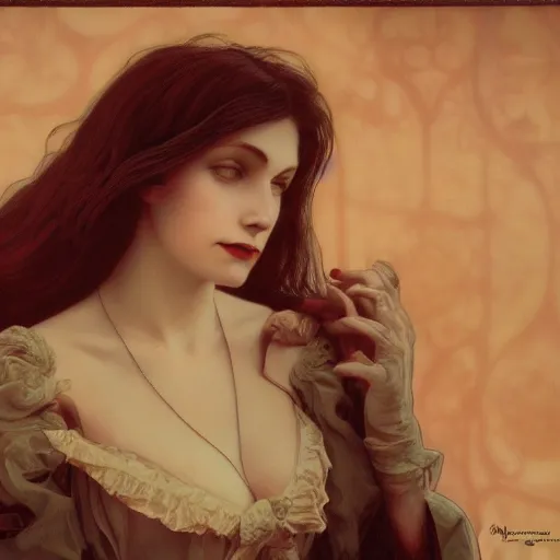 Image similar to portrait of a lady vampire, 35mm, victorian, depth of field, ominous, sharp, highly detailed, photorealistic, realistic, unreal 5, high definition, 8k, deviantart, irwin penn, Alphonse Mucha