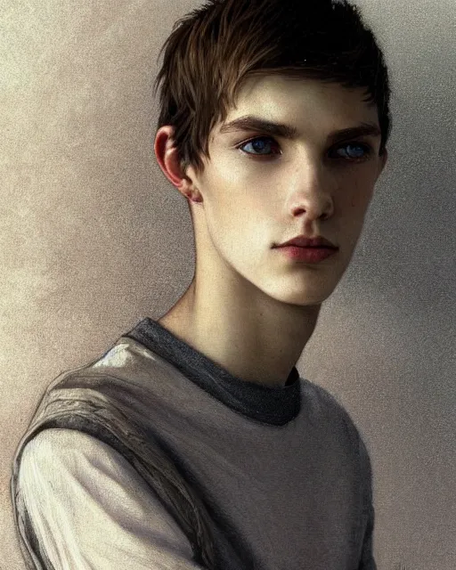 Image similar to portrait of 1 5 - year - old boy, a tall, slender boy with a pale, pointed face, sleek blond hair, and ice grey eyes, wearing black clothes, hyper realistic face, beautiful eyes, close up, fantasy art, in the style of greg rutkowski, intricate, alphonse mucha, hyper detailed, smooth