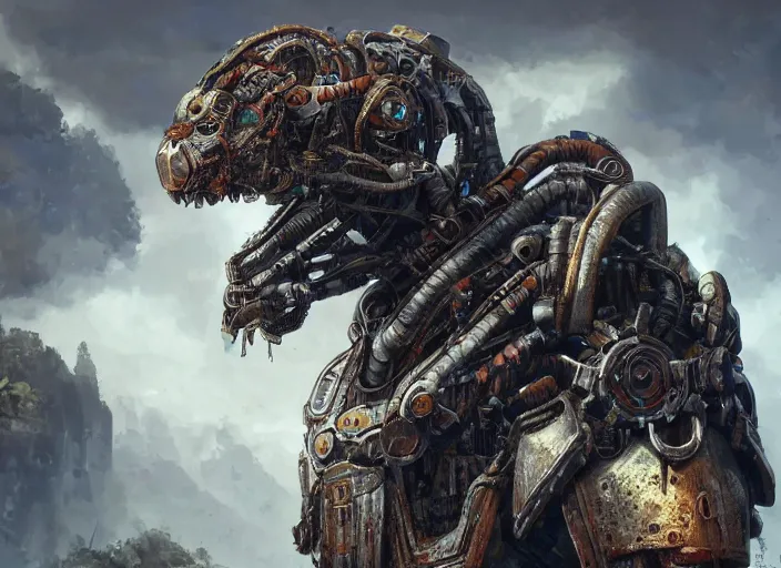 Image similar to detailed full body concept art illustration oil painting of a cybernetic animal with intricate armor, ultra detailed, digital art, octane render, dystopian, zero dawn, 4k