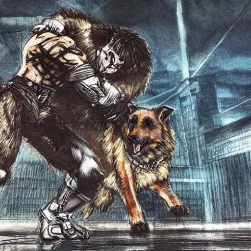 Image similar to a humanoid german shepherd beast - man wrestling with another german shepherd in the middle of an arena, pencil art, added detail, high definiton, colored, aerial viewyoji shinkawa