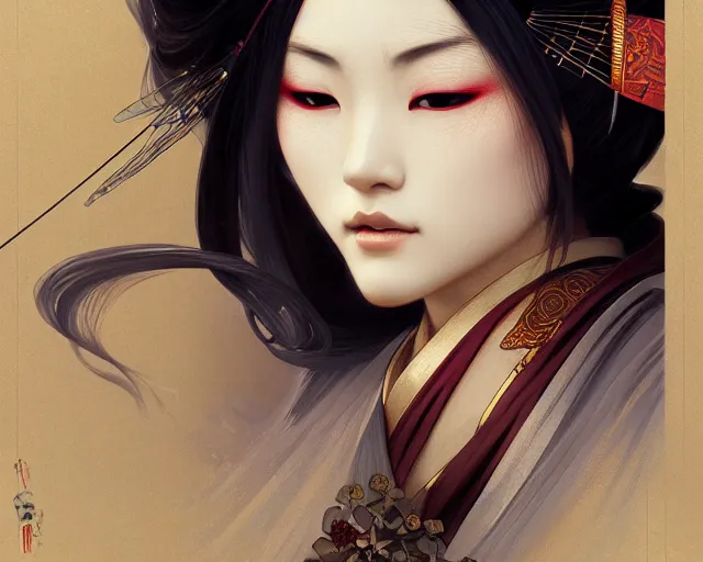 Image similar to photography of japanese geisha, deep focus, d & d, fantasy, intricate, elegant, highly detailed, digital painting, artstation, concept art, matte, sharp focus, illustration, hearthstone, art by artgerm and greg rutkowski and alphonse mucha