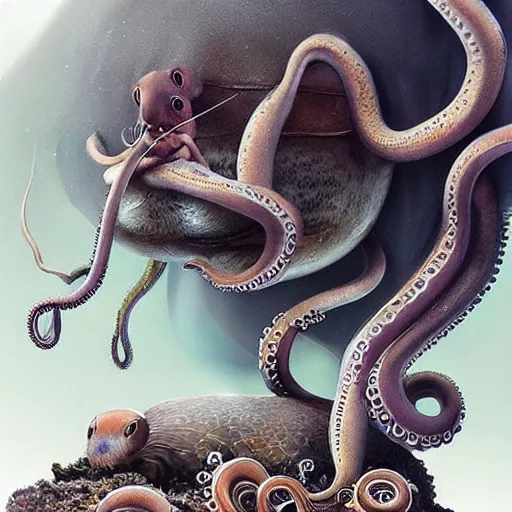 Prompt: a field mouse sitting besides an octopus, octpus in tank, mouse in box, well composed, best on artstation, cgsociety, epic, stunning, gorgeous, detailed, wow, masterpiece