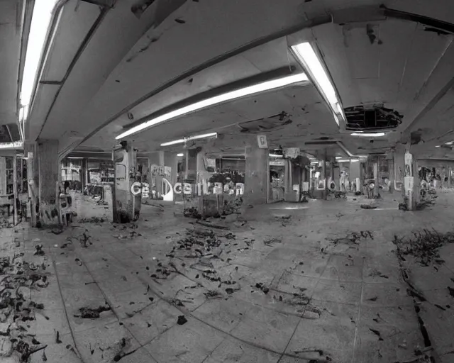 Prompt: camera footage of a Hundreds of Rabid Zerglings in an abandoned shopping mall, high exposure, dark, monochrome, camera, Unreal engine 5, grainy, CCTV, security camera footage, timestamp, zoomed in, fish-eye lens, Evil, Zerg, Brood, spider, horrifying, lunging at camera :4