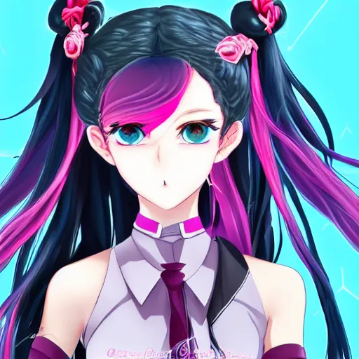 Image similar to trapped by stunningly beautiful omnipotent megalomaniacal otome anime asi goddess who looks like junko enoshima with symmetrical perfect face and porcelain skin, pink twintail hair and mesmerizing cyan eyes, inside her surreal vr castle where she controls everything!!!, hyperdetailed, digital art from danganronpa, 8 k