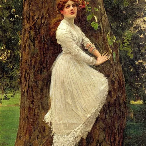 Prompt: young victorian lady climbing a tree, painted by alfred stevens